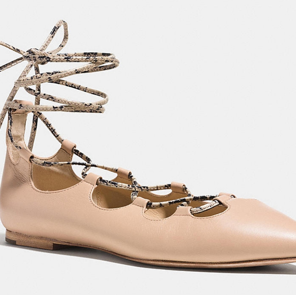 Coach Justine Leather Ghillie Lace Up Pointed Toe Ballet Flat in Nude